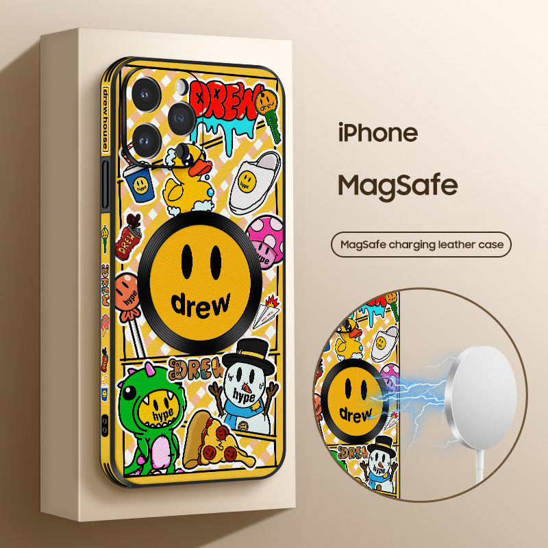 Doodle Smiley Cartoon Leather Case for iPhone with MagSafe - Fun and Stylish Protection!