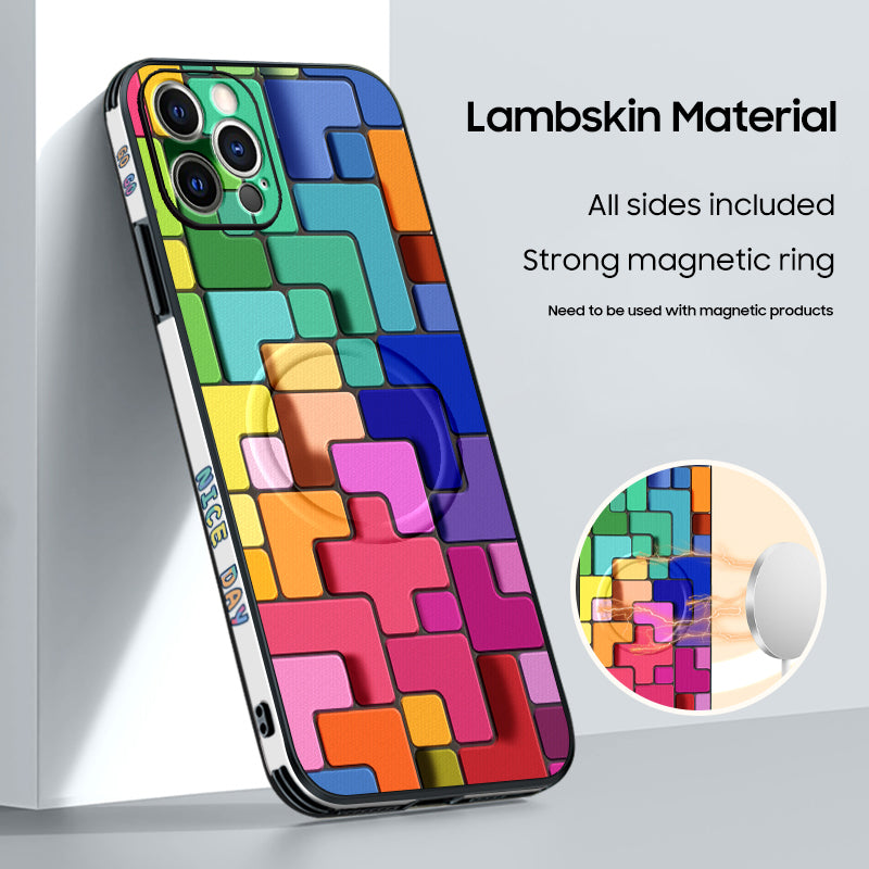 Vibrant Tetris-Inspired 3D Leather Phone Case for iPhone MagSafe Series