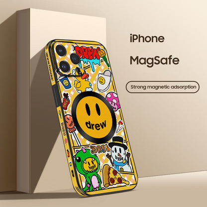 Doodle Smiley Cartoon Leather Case for iPhone with MagSafe - Fun and Stylish Protection!