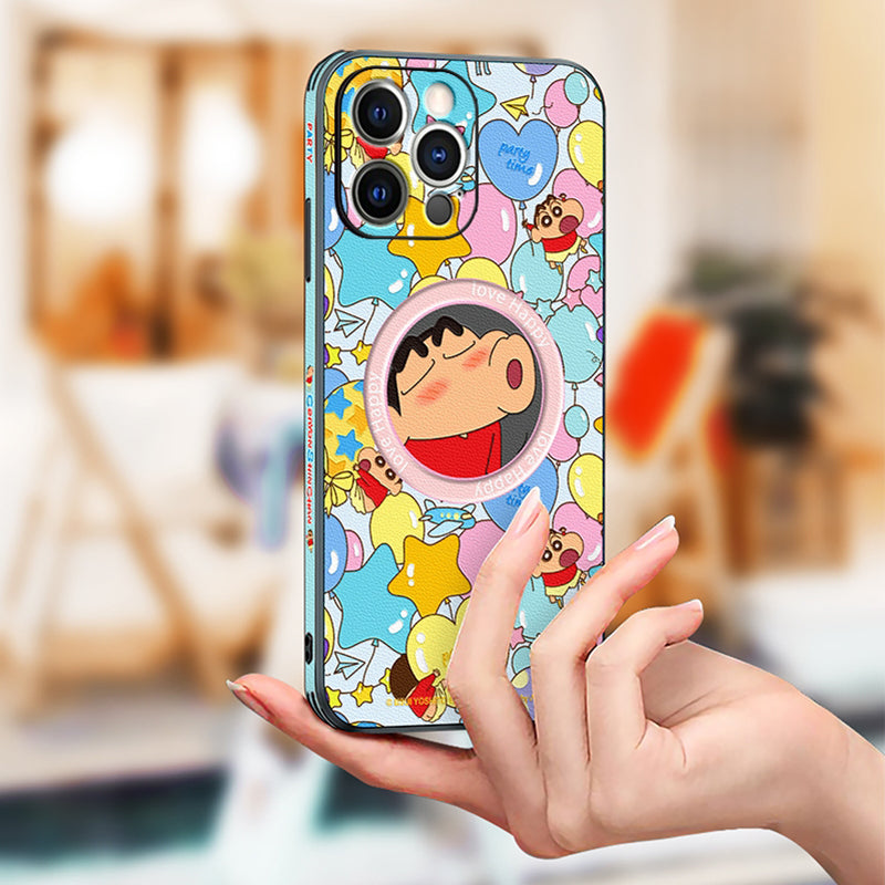 Crayon Shin-chan Leather Phone Case with MagSafe Compatibility for iPhone - Stylish & Fun Design!