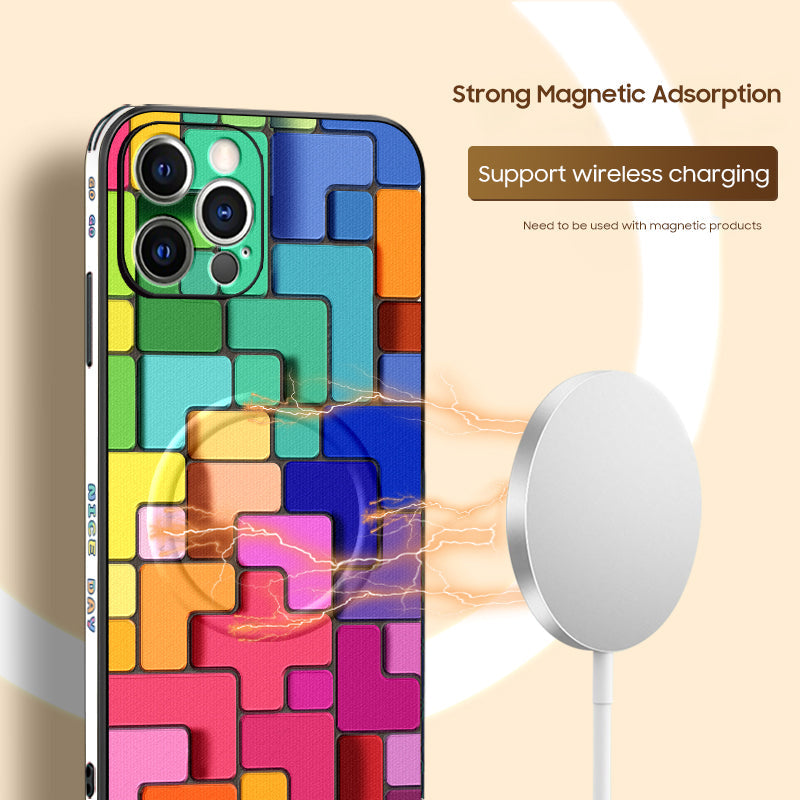 Vibrant Tetris-Inspired 3D Leather Phone Case for iPhone MagSafe Series