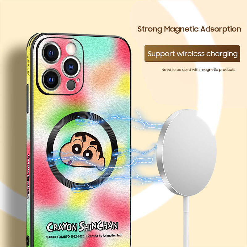 Stylish "Crayon Shin-chan" Leather Phone Case for iPhone with MagSafe Compatibility