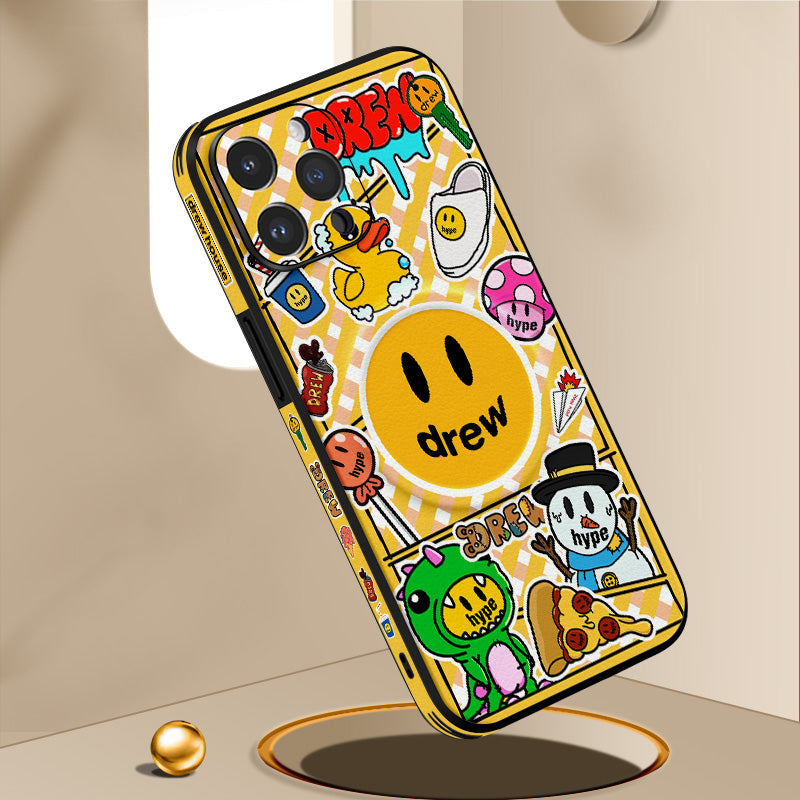 Doodle Smiley Cartoon Leather Case for iPhone with MagSafe - Fun and Stylish Protection!