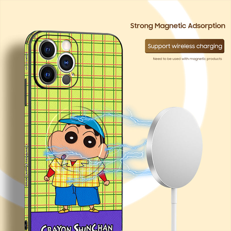 Stylish Crayon Shin-chan Leather Phone Case for iPhone with MagSafe Compatibility