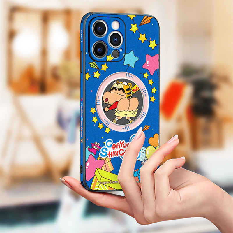 Crayon Shin-chan Inspired Leather Phone Case with MagSafe Compatibility for iPhone