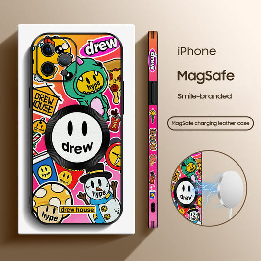 Doodle Smiley Cartoon Leather Case for iPhone with MagSafe - Fun and Stylish Protection!