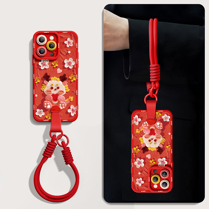 Stunning Blossom Dragon Oil Painting Silicone Case for iPhone Series with Complimentary Wrist and Cross-Body Strap!