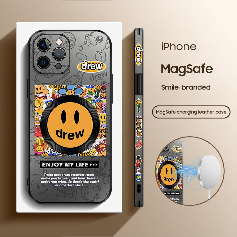 Doodle Smiley Cartoon Leather Case for iPhone with MagSafe - Fun and Stylish Protection!