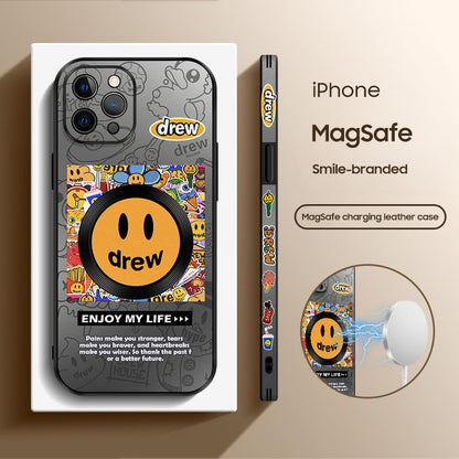 Doodle Smiley Cartoon Leather Case for iPhone with MagSafe - Fun and Stylish Protection!