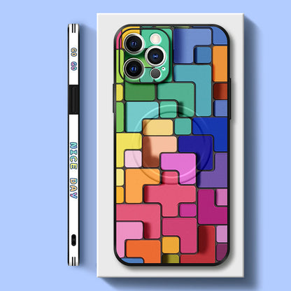 Vibrant Tetris-Inspired 3D Leather Phone Case for iPhone MagSafe Series