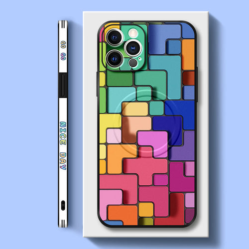 Vibrant Tetris-Inspired 3D Leather Phone Case for iPhone MagSafe Series