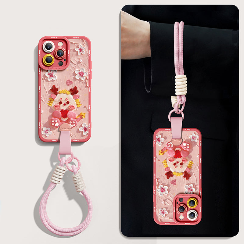 Stunning Blossom Dragon Oil Painting Silicone Case for iPhone Series with Free Wrist Loop & Cross-Body Strap!