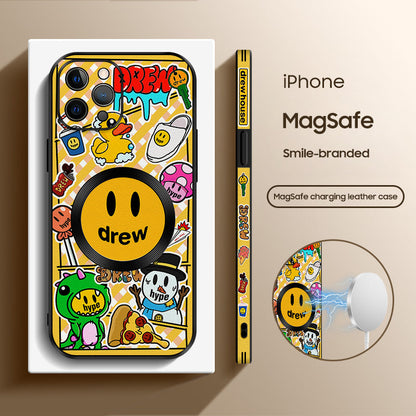 Doodle Smiley Cartoon Leather Case for iPhone with MagSafe - Fun and Stylish Protection!