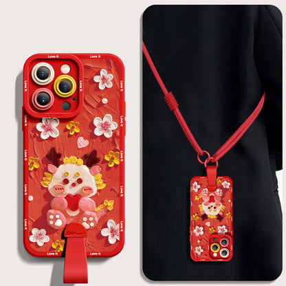 Stunning Blossom Dragon Oil Painting Silicone Case for iPhone Series with Complimentary Wrist and Cross-Body Strap!