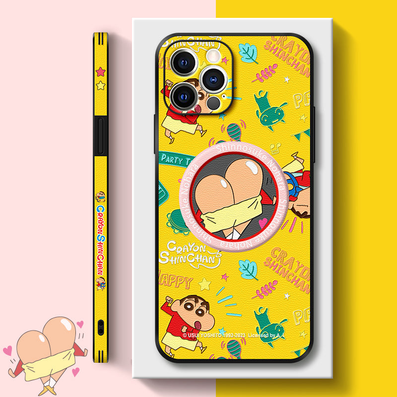 Stylish Crayon Shin-chan Cartoon Leather Phone Case for iPhone with MagSafe Compatibility