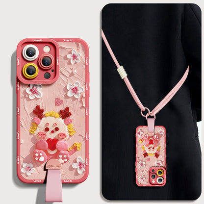 Stunning Blossom Dragon Oil Painting Silicone Case for iPhone Series with Free Wrist Loop & Cross-Body Strap!