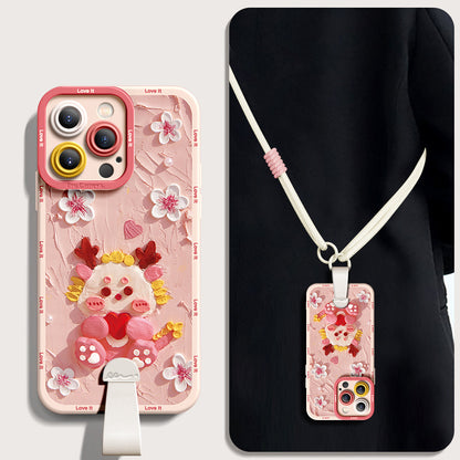 Blossom Dragon Silicone Phone Case for iPhone Series | Stunning Oil Painting Design with Free Wrist Rope & Cross-Body Strap!