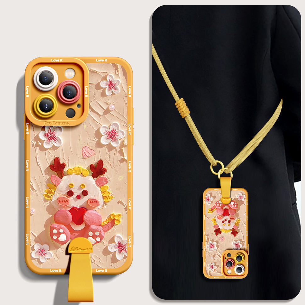 Elegant Blossom Dragon Silicone Phone Case for iPhone Series with Free Wrist and Cross-Body Strap!