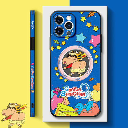 Crayon Shin-chan Inspired Leather Phone Case with MagSafe Compatibility for iPhone