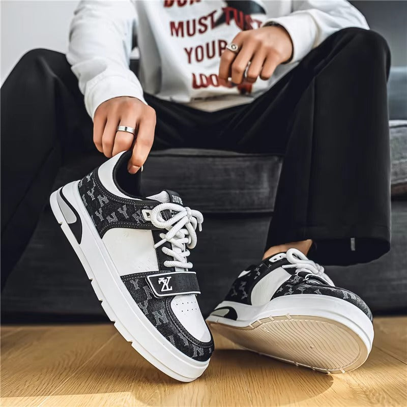 Men’s Retro Court Street Sneakers | Denim Panel Skate-Style Casual Shoes