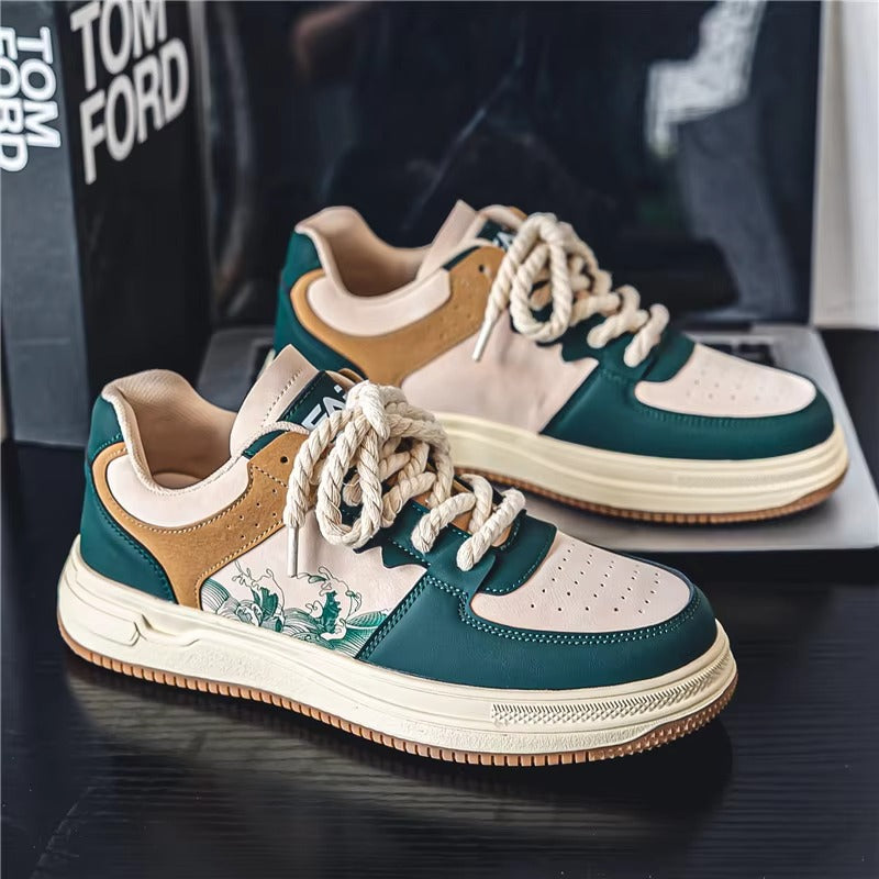 KAZURO™ Wave-Line Retro Court Sneakers | Vintage Leather Low-Top Streetwear Shoes