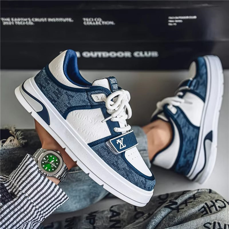 Men’s Retro Court Street Sneakers | Denim Panel Skate-Style Casual Shoes