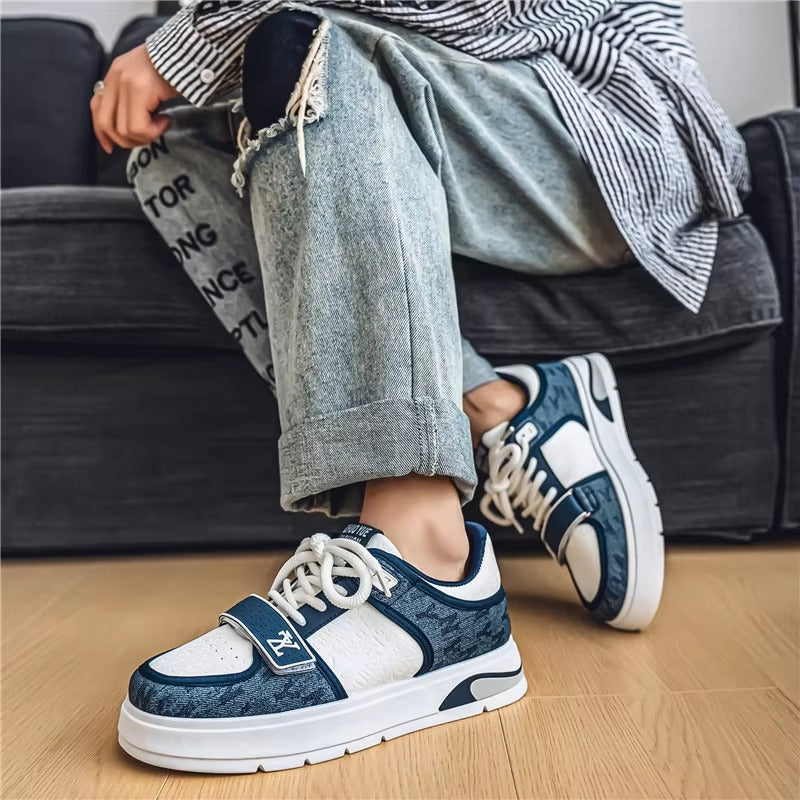 Men’s Retro Court Street Sneakers | Denim Panel Skate-Style Casual Shoes