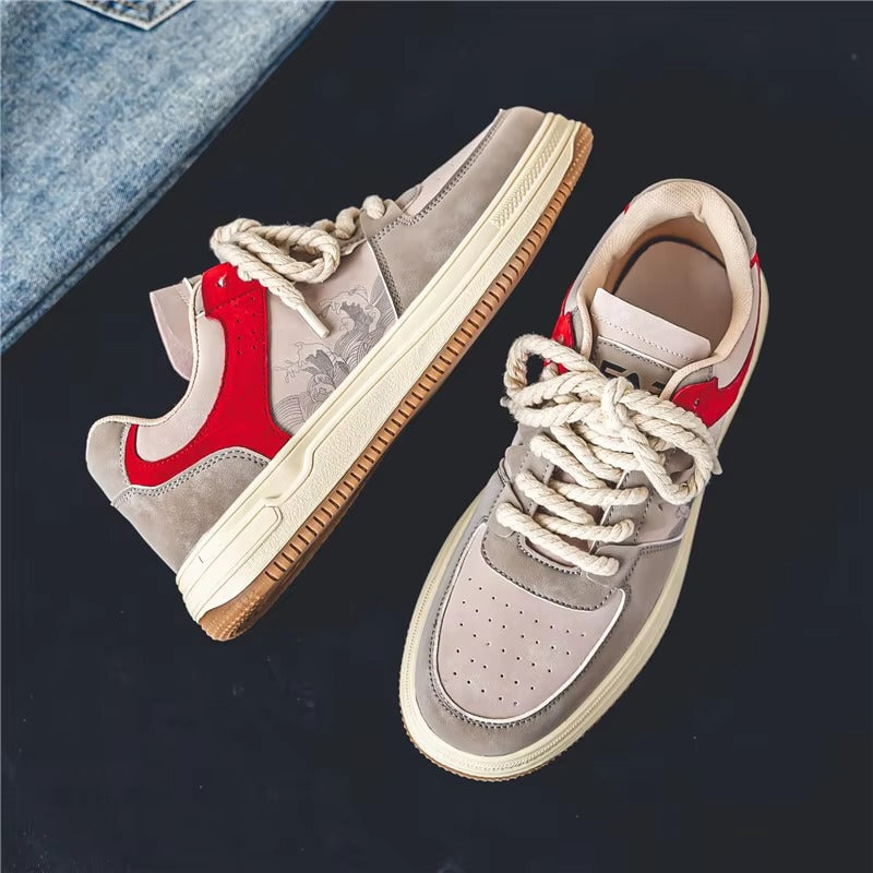 KAZURO™ Wave-Line Retro Court Sneakers | Vintage Leather Low-Top Streetwear Shoes