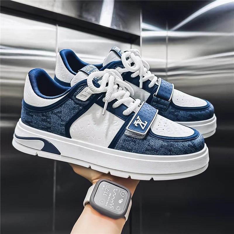 Men’s Retro Court Street Sneakers | Denim Panel Skate-Style Casual Shoes