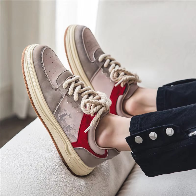 KAZURO™ Wave-Line Retro Court Sneakers | Vintage Leather Low-Top Streetwear Shoes