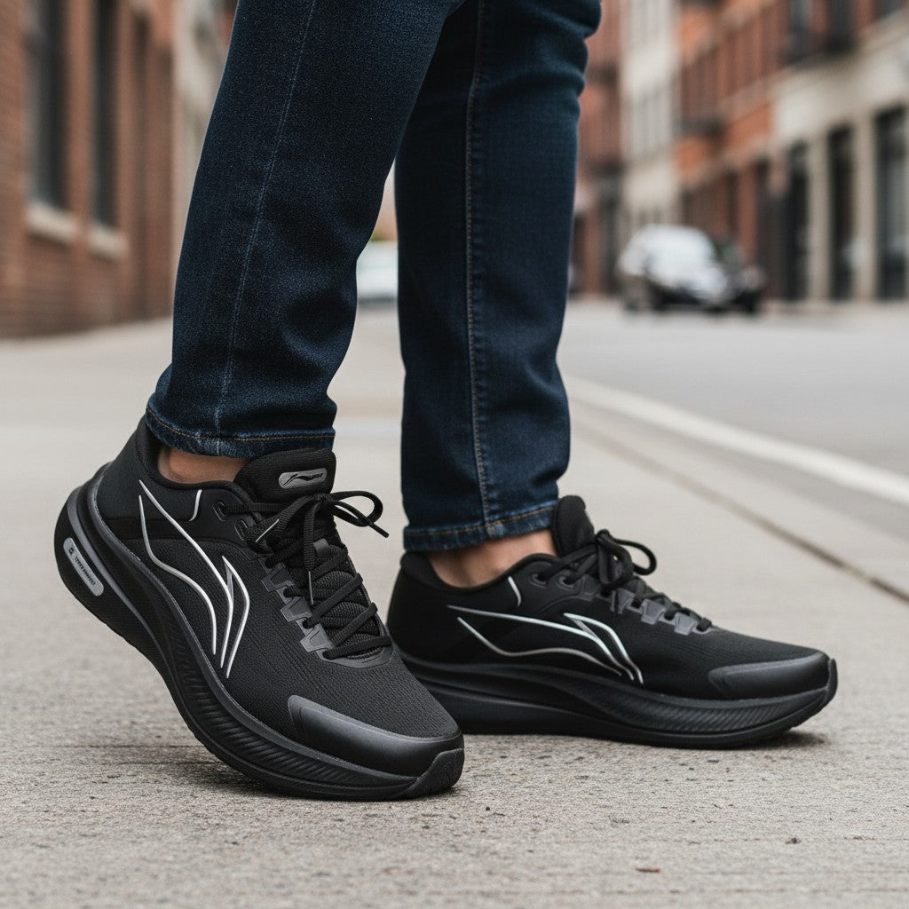 AeroStride™ Tempo Bounce Cushion Running Shoes – All-Black Reflective Performance Sneakers